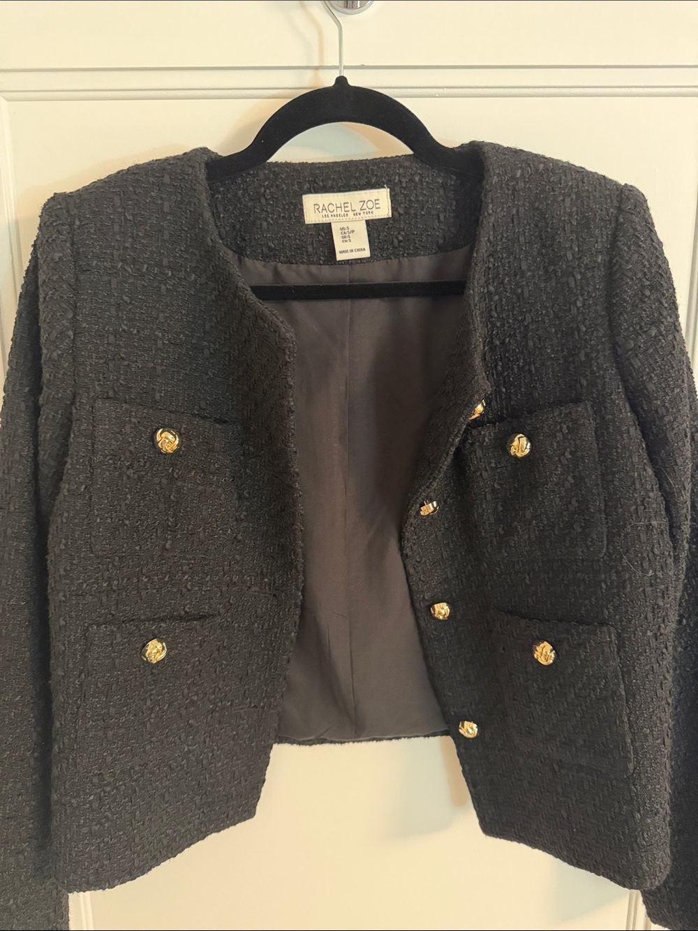 Rachel Zoe Black Tweed Collarless Jacket with Gold Buttons